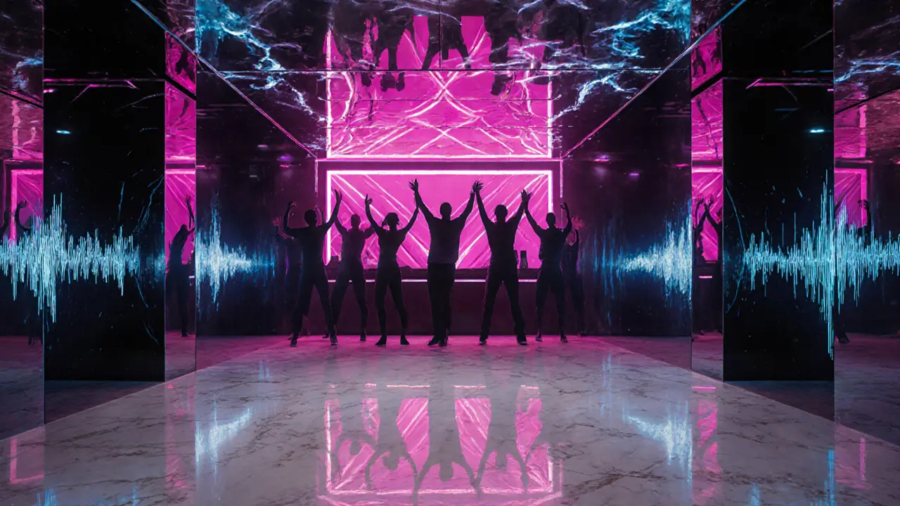 A glowing nightclub interior with mirrored walls and pulsing lights, silhouettes of dancers moving to music.