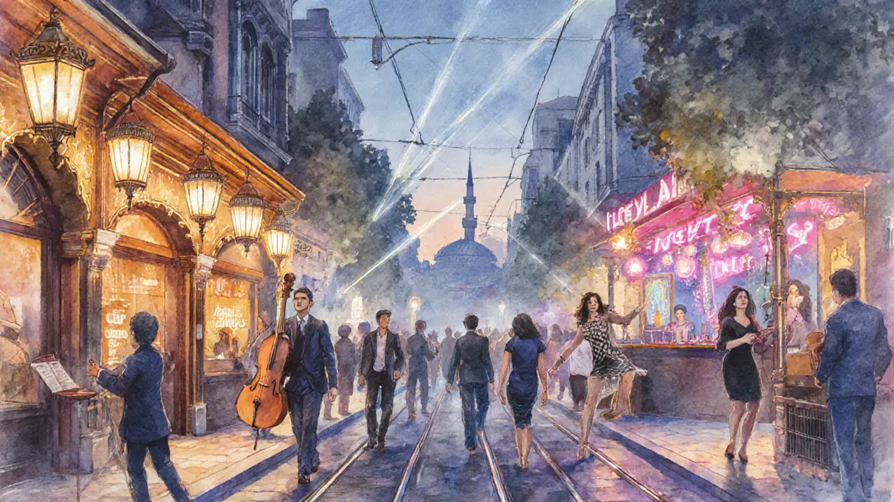 Beyoğlu street at night showing a meyhane, nightclub entrance, and live‑music bar.