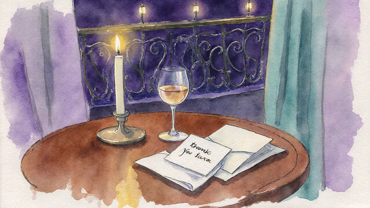 Candlelit table with wine, tip envelope, and thank-you note in a cozy dining room.