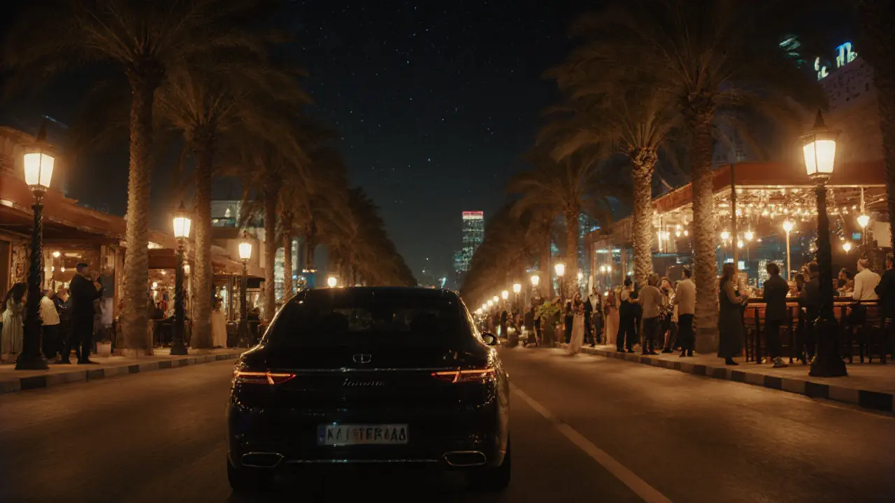 Cinematic scene of a car traveling between four nightlife venues under city lights.