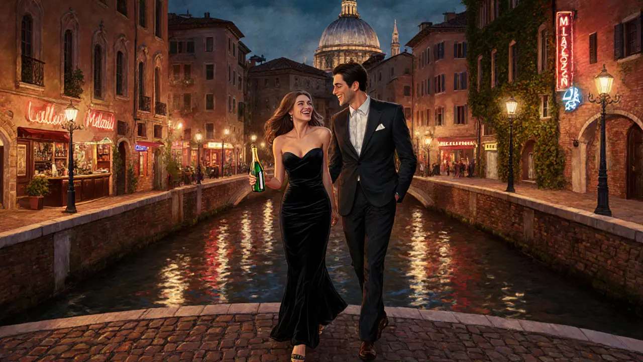Companion and client strolling over a lit canal bridge in Milan's Navigli district at night.