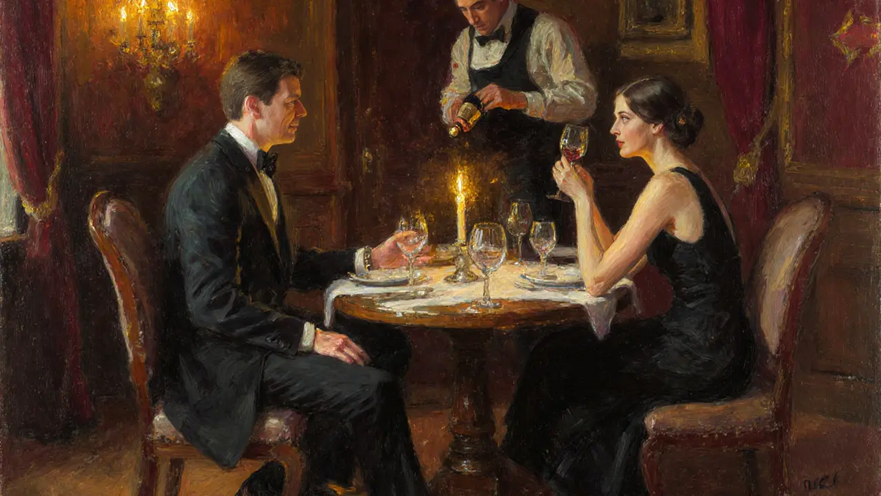 Couple dining at a candlelit Paris restaurant, gentleman in smart‑casual, escort in cocktail dress.