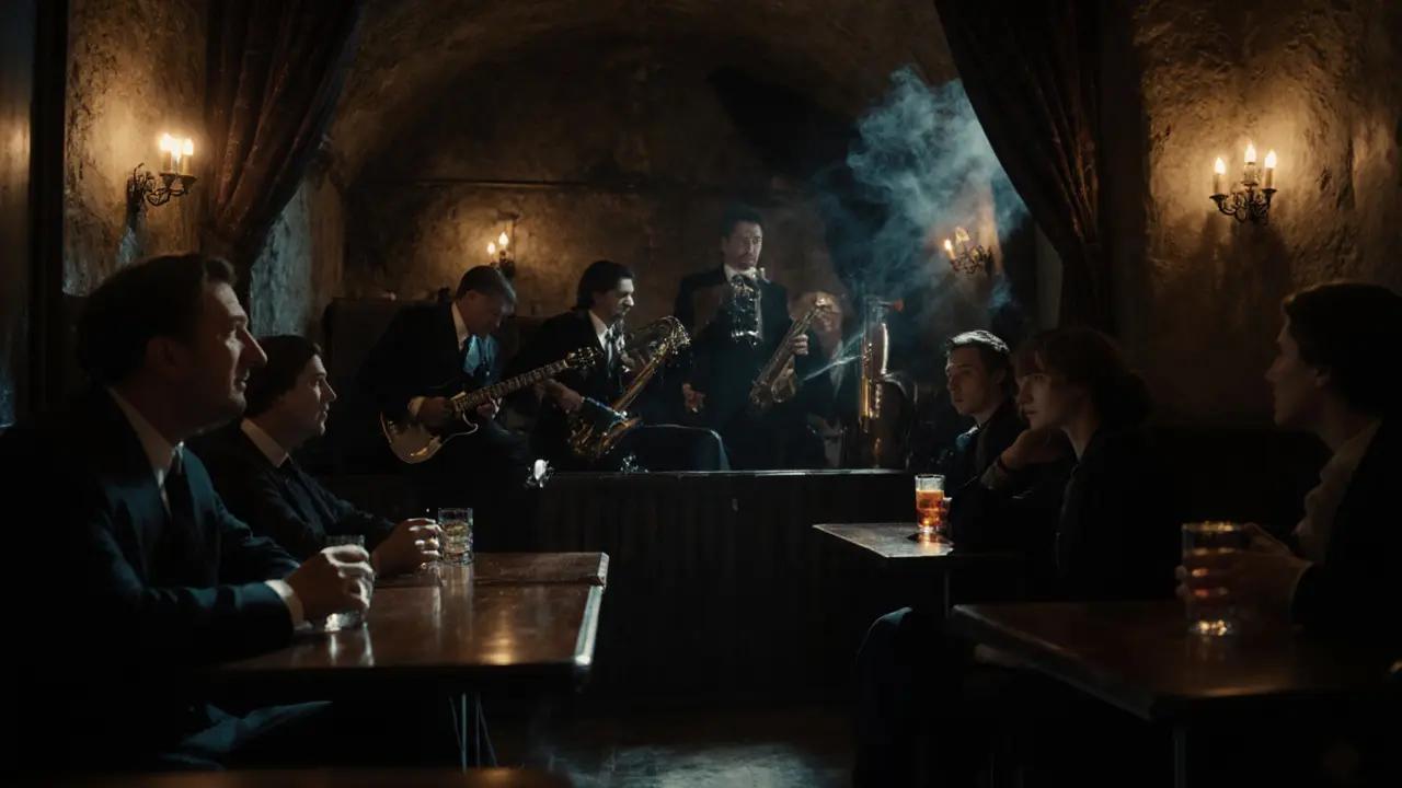 Dimly lit historic jazz cellar with a band playing and patrons enjoying drinks.