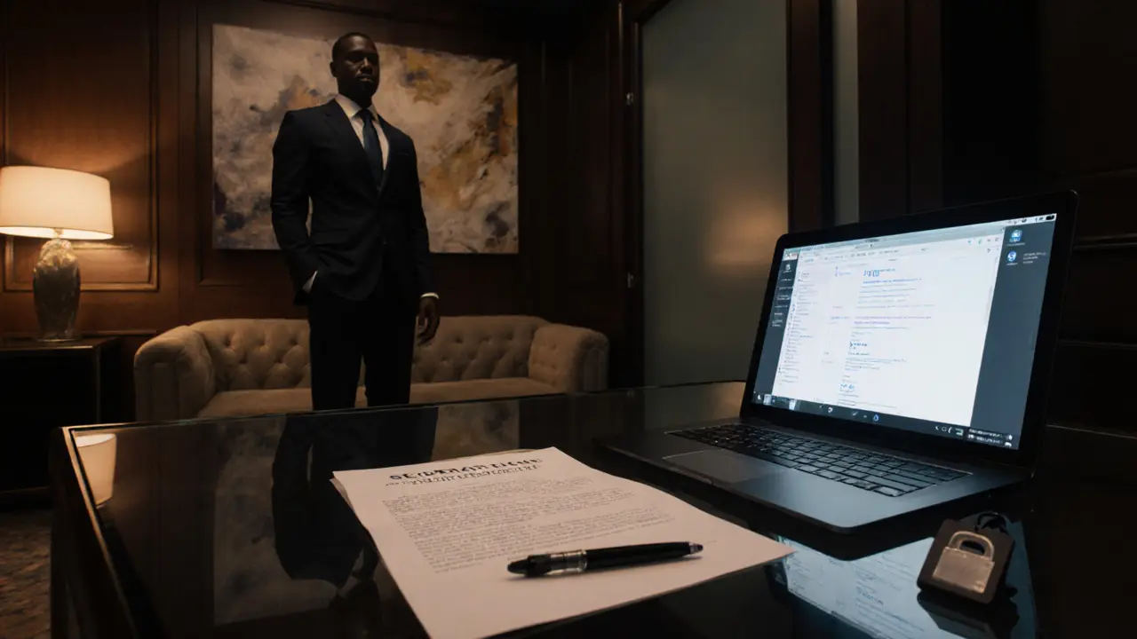 Discreet agency office at night with contract, security staff, and encrypted laptop screen.