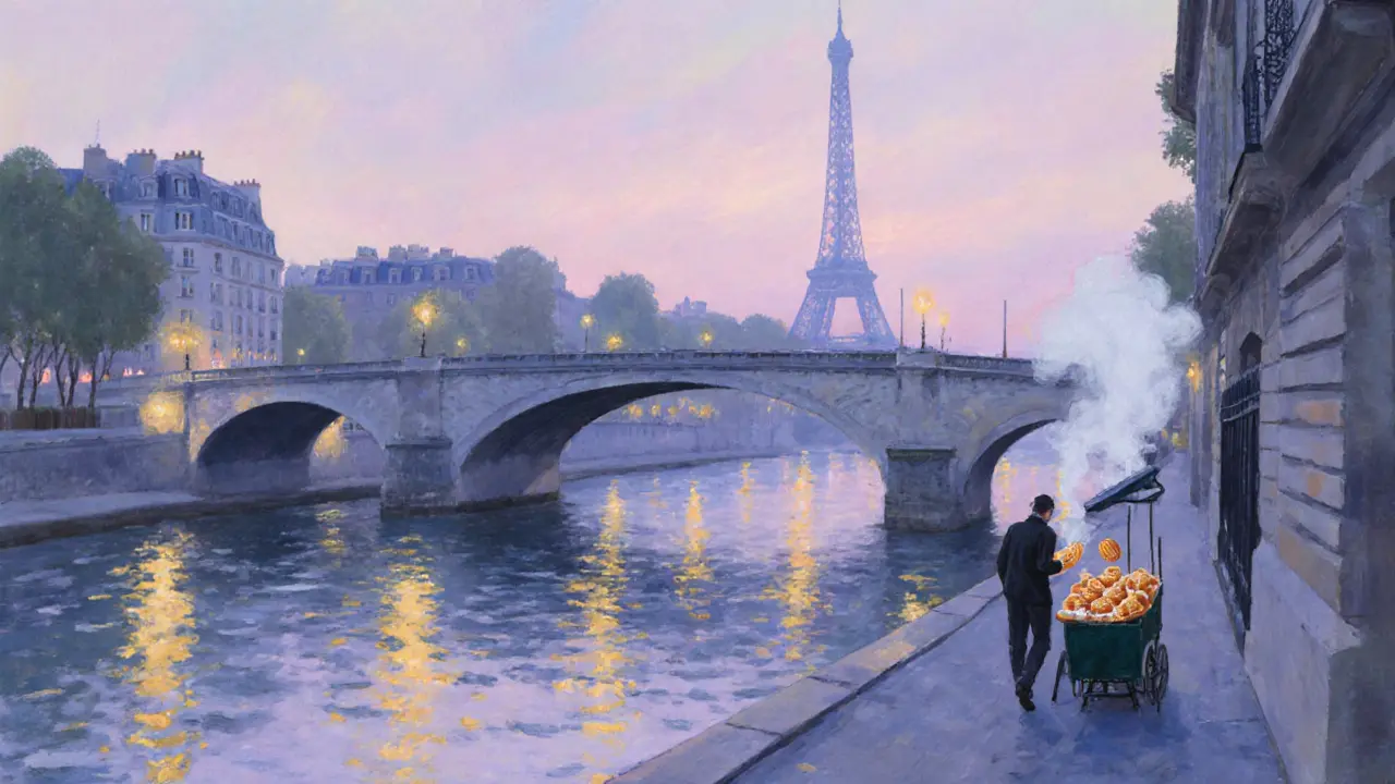 Early morning along the Seine, a person holding a crepe with lit bridges and sunrise sky.