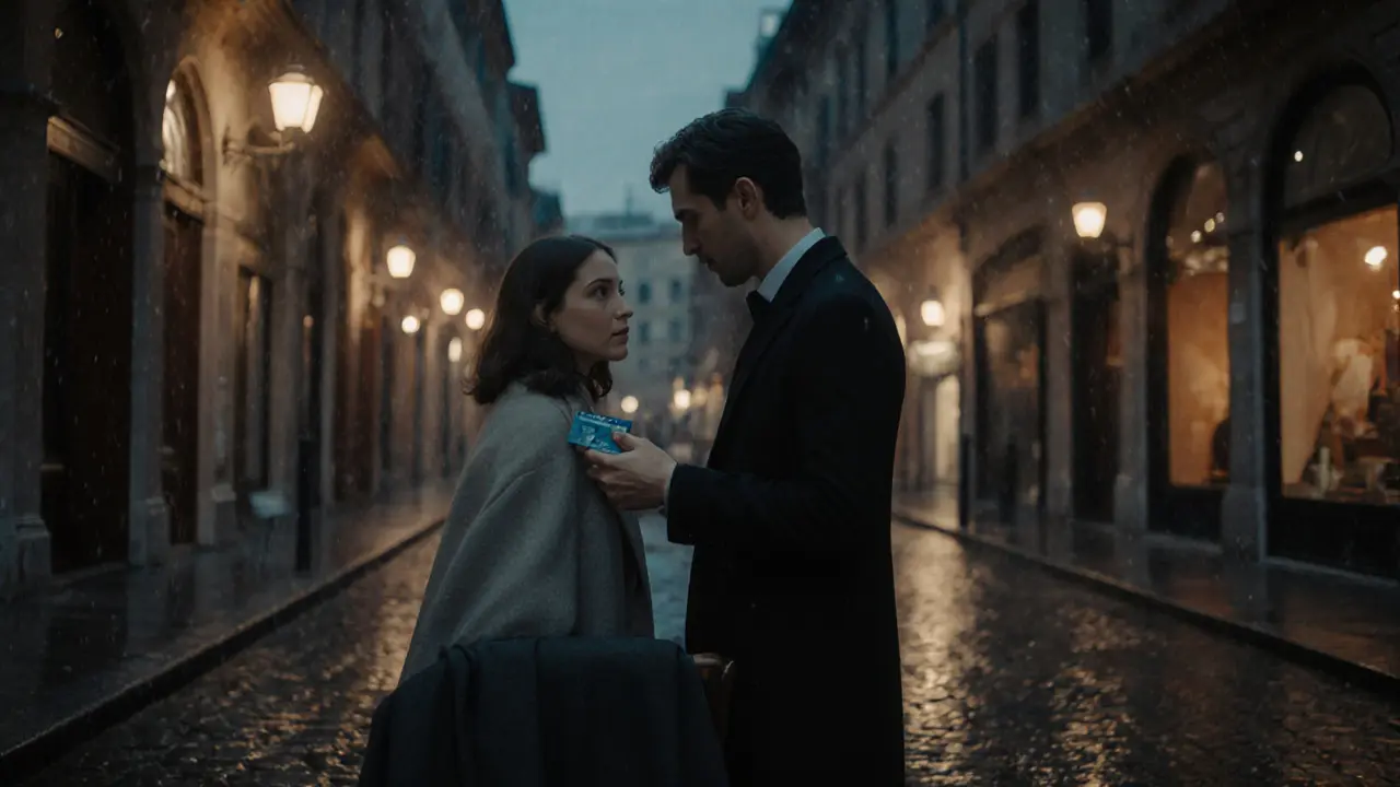 Elegant couple meeting on a rain‑slick Brera street, highlighting safety and etiquette.