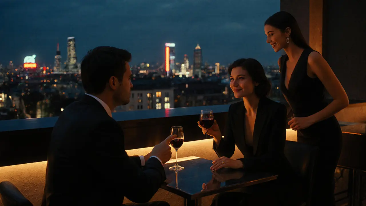 Elegant dinner on Berlin rooftop with businessperson and escort networking.