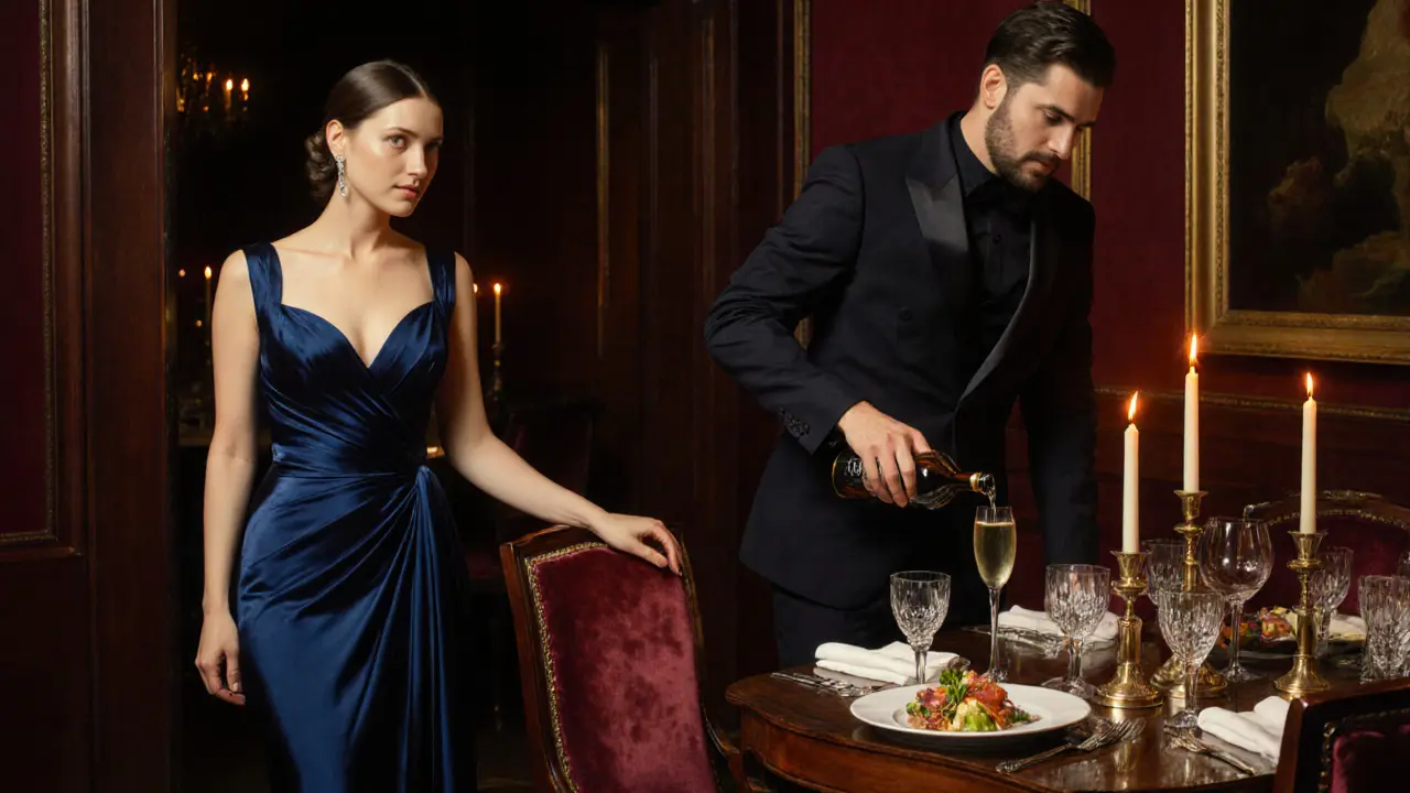 Elegant evening gown in a private dining room with fine dining setting.