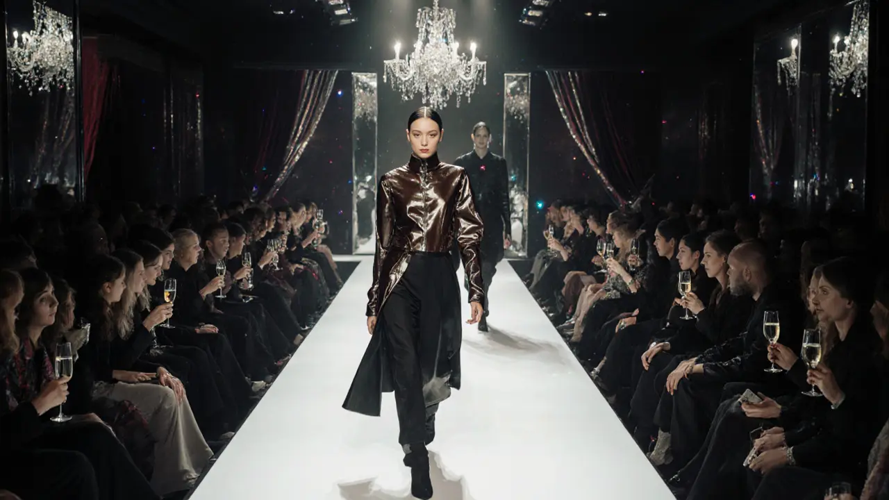Fashion runway party at Cavalli Club with models, dramatic lighting, and luxurious décor.