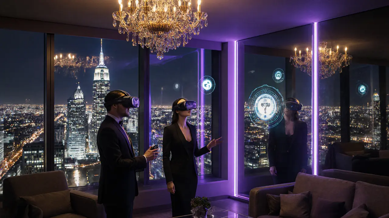 Futuristic lounge where client and escort preview a virtual gala using VR.