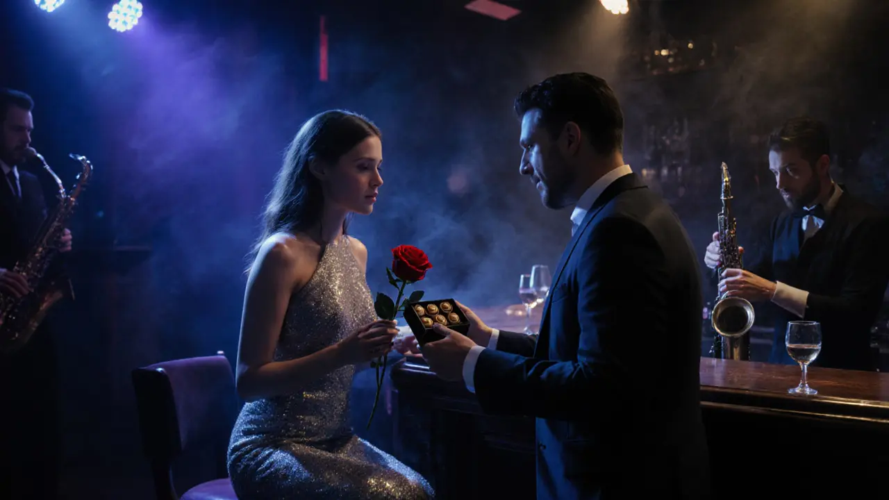 Gentleman offers a rose and chocolates to his escort in a dim jazz bar with smoky lighting.