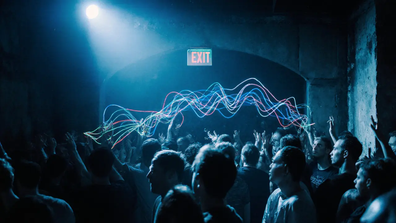 Hidden underground club with bass-heavy atmosphere and crowd lost in electronic music.