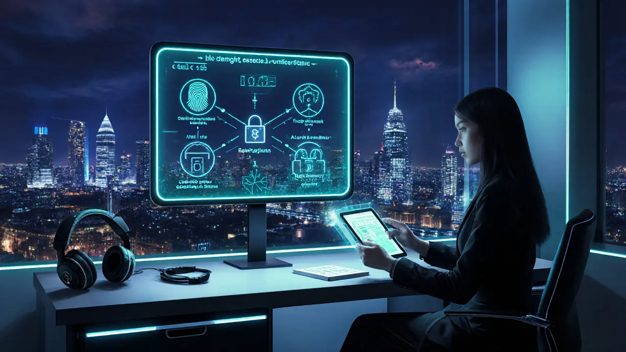 High‑tech agency desk showing biometric verification and AI itinerary planning.