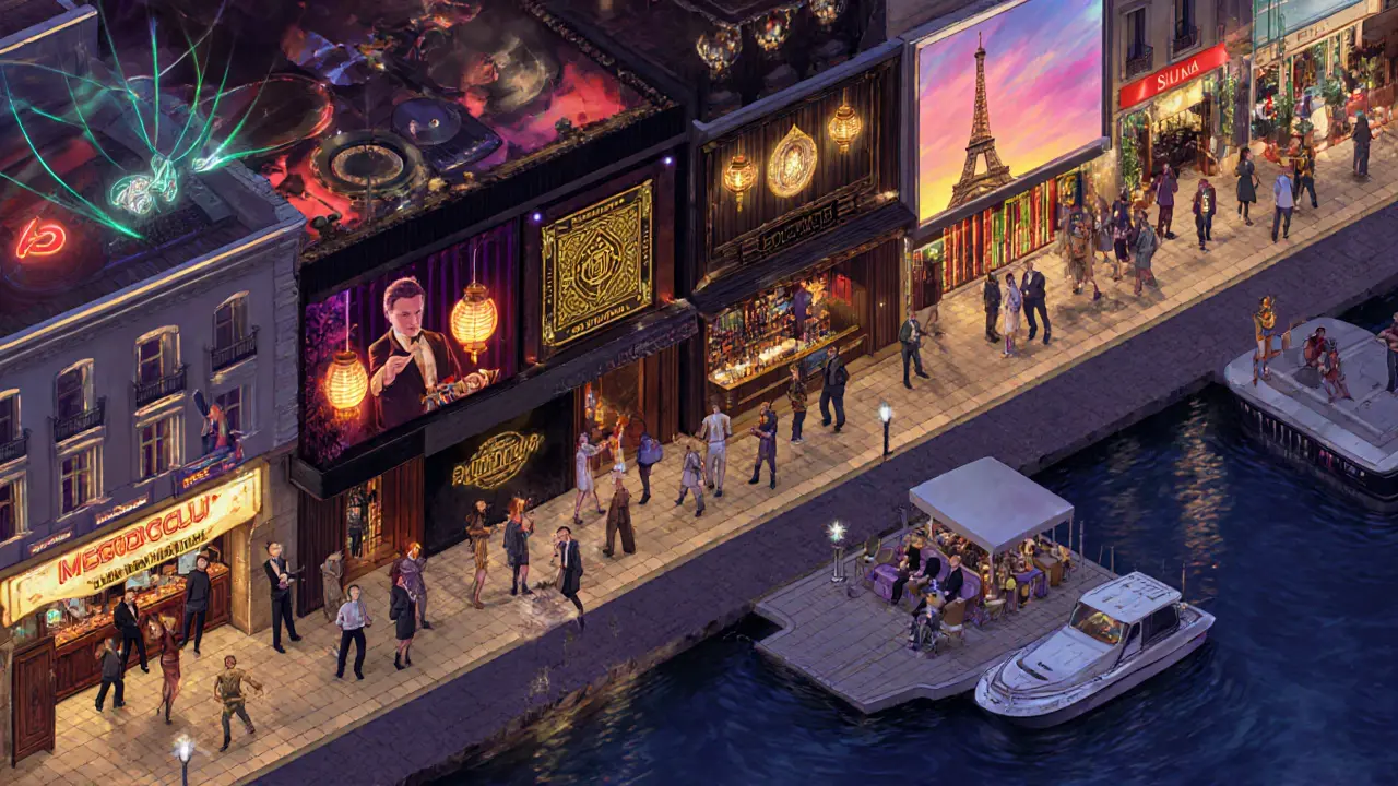 Illustration of Monaco clubs Jimmy&#039;z, Buddha‑Bar, Ritz Club, Sauna Bar, and Boomerang Bar.
