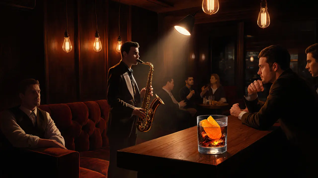 Intimate jazz club with a saxophonist performing under a spotlight, patrons listening quietly.