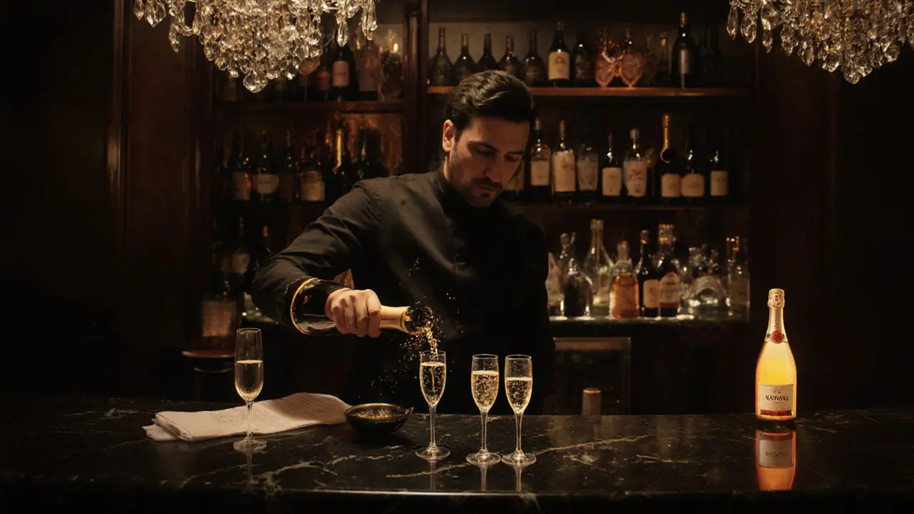 Le Bar à Champagne with sommelier pouring vintage champagne flutes in an elegant, lit interior.