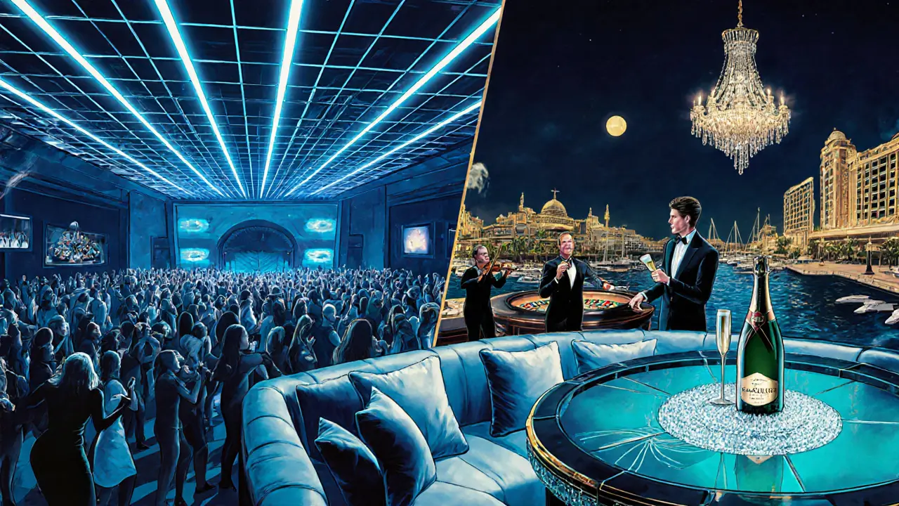 Luxury nightclub Jimmy&#039;z with lasers, Ocean Club champagne lounge, and Monte‑Carlo Casino bar.