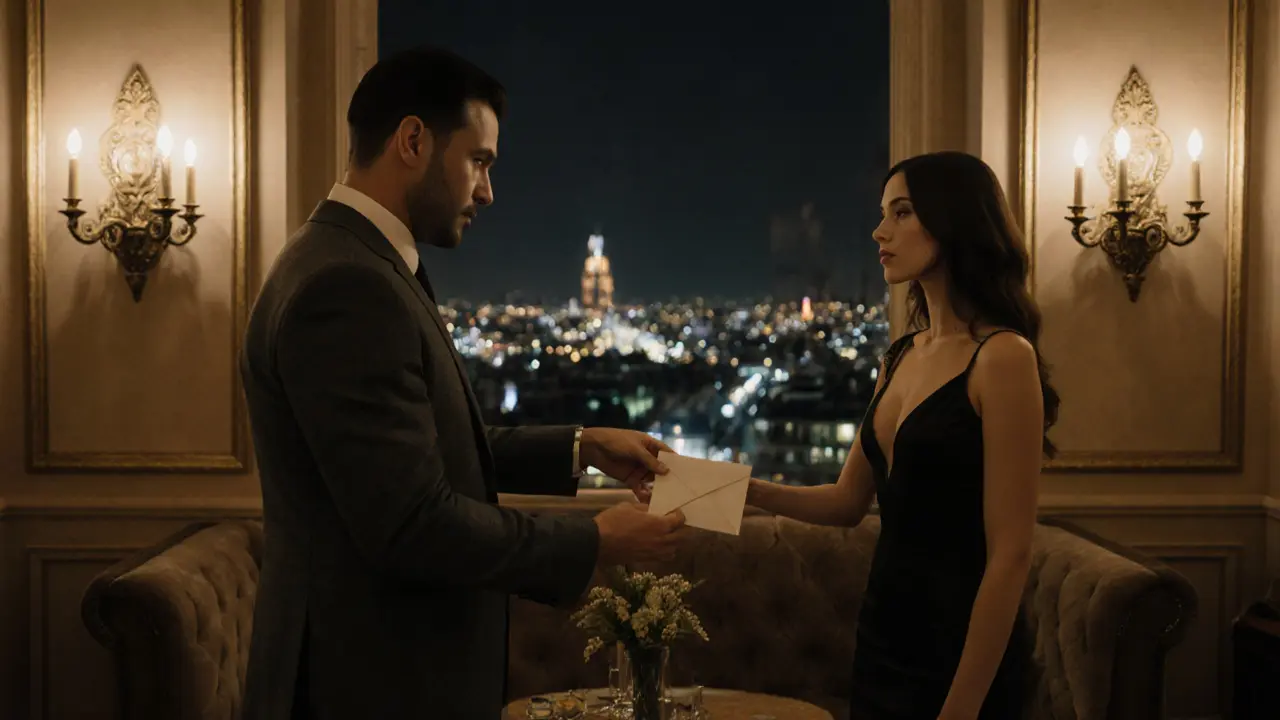 Man in a suit hands a cash envelope to an elegant escort in a hotel lounge with Paris lights.