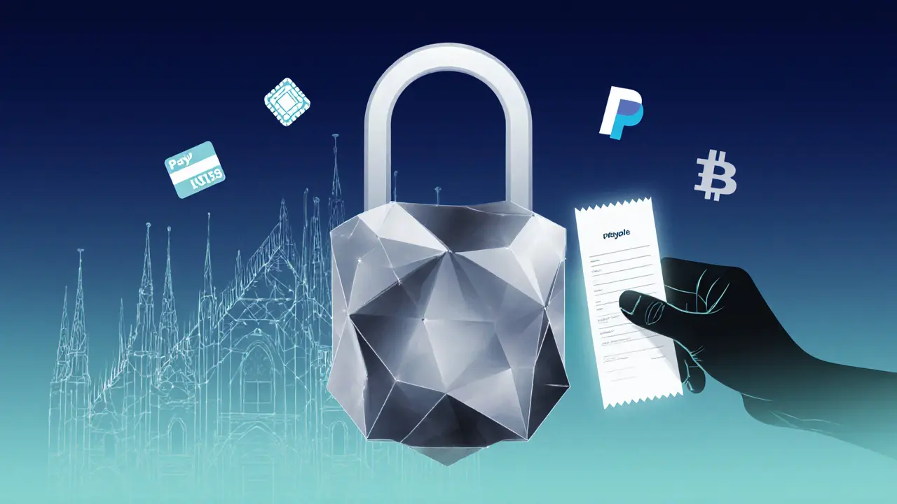 Minimalist lock shaped like Milan skyline with abstract payment icons representing secure transaction.
