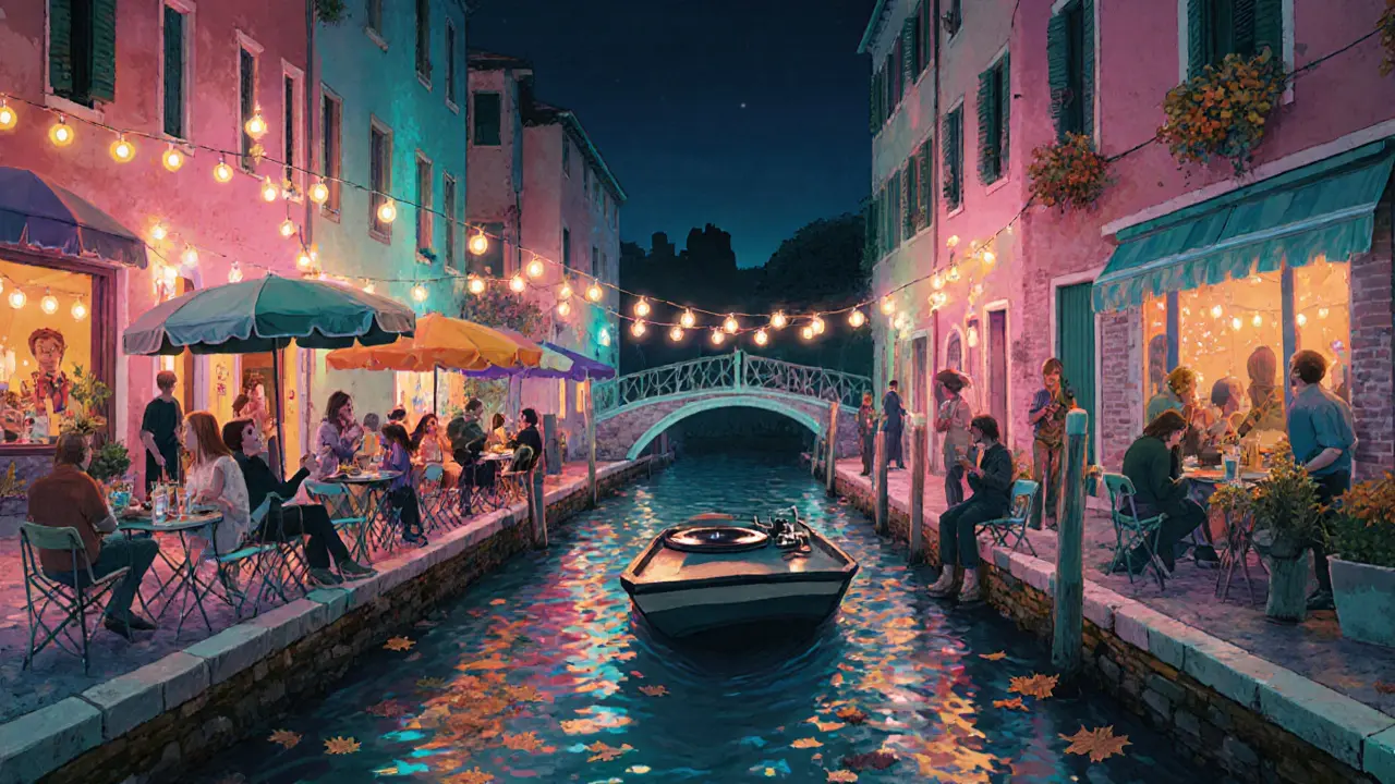 Nighttime canal party in Navigli with string lights and boats drifting by.