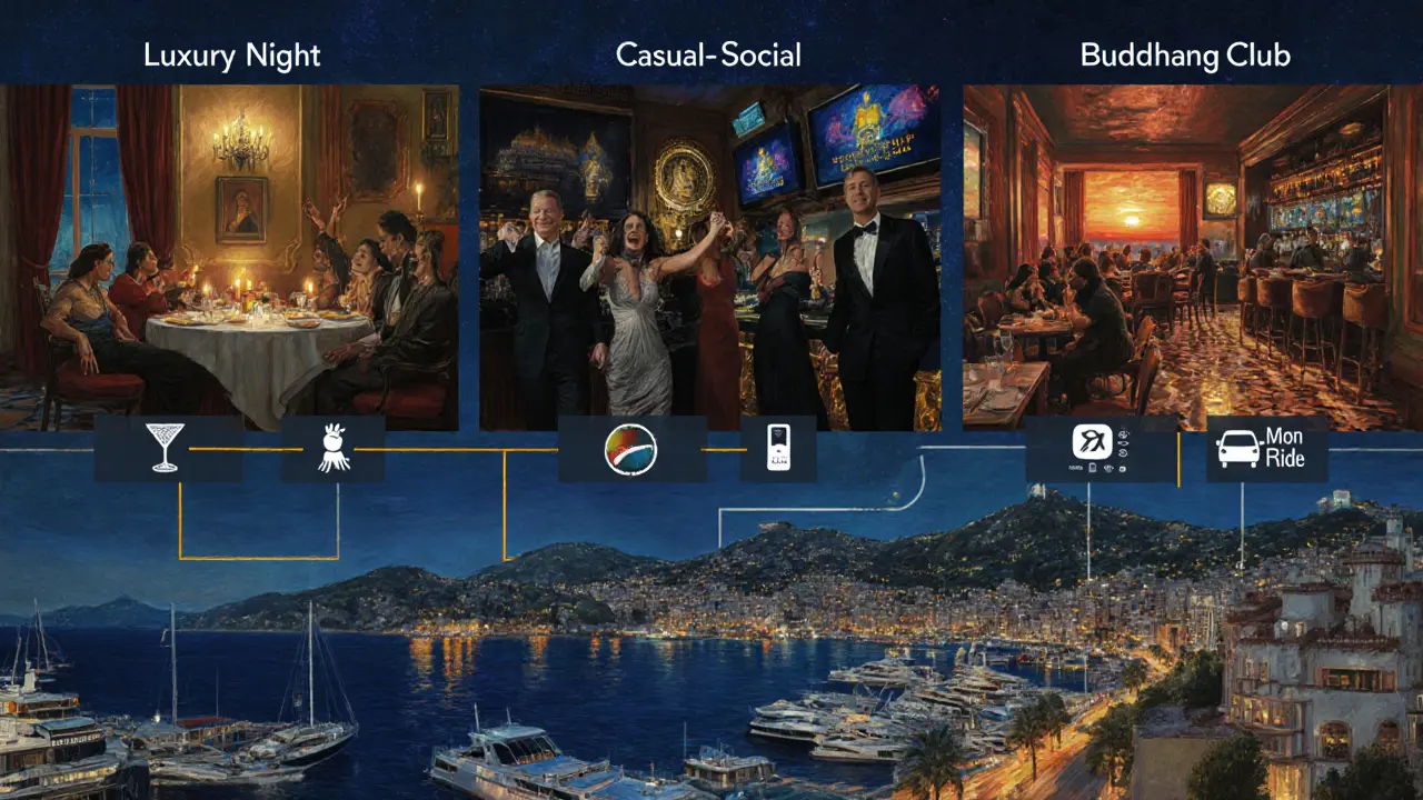 Oil‑style night scene showing three nightlife itineraries with transport icons.