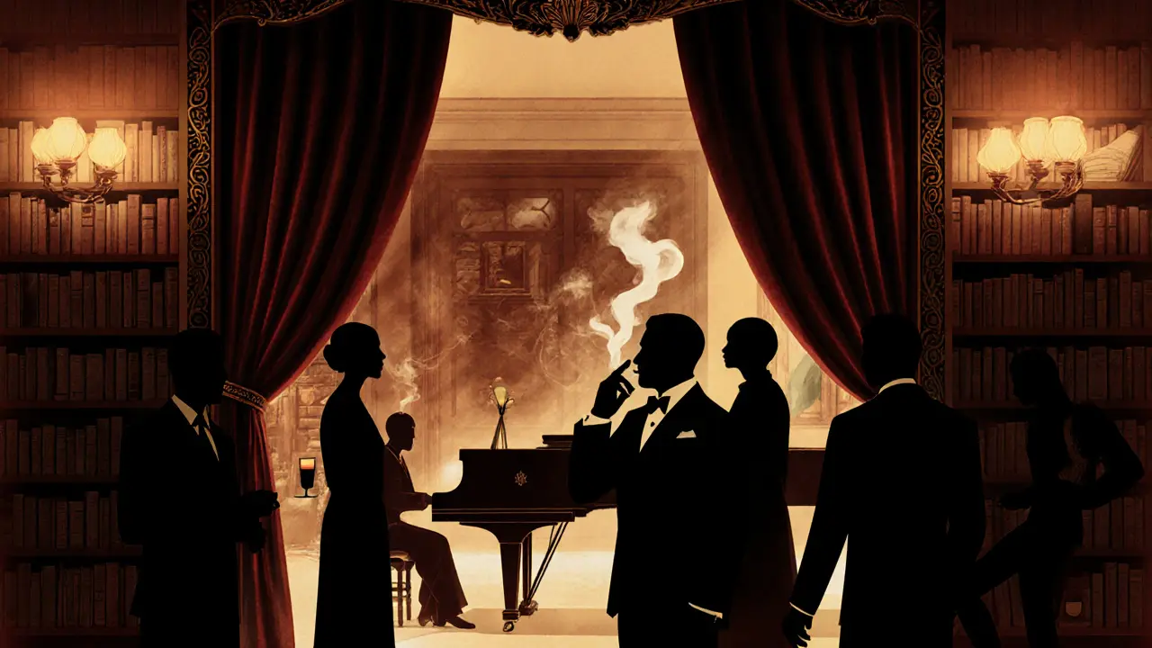 Opaline secret lounge with live piano, velvet booths, and guests in formal attire under soft lighting.