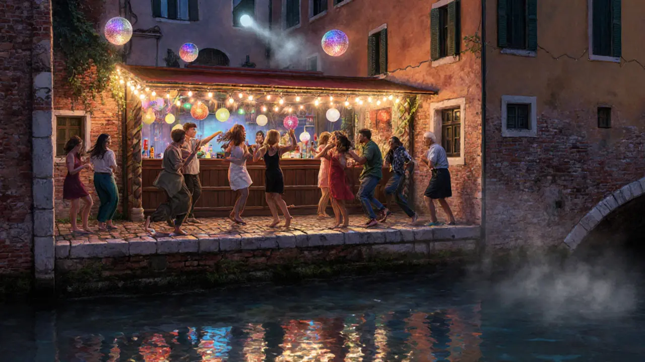 People dancing barefoot by Navigli canal under string lights and disco reflections on water.