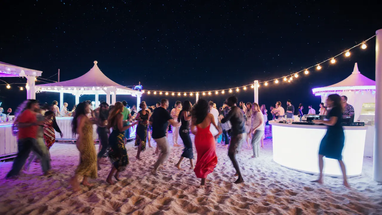 People dancing on a beach at night under neon lights and string lamps, with a pool bar in the foreground.