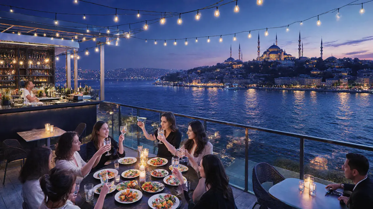 Rooftop bar in Karaköy overlooking the Bosphorus, guests sharing drinks and meze under string lights.