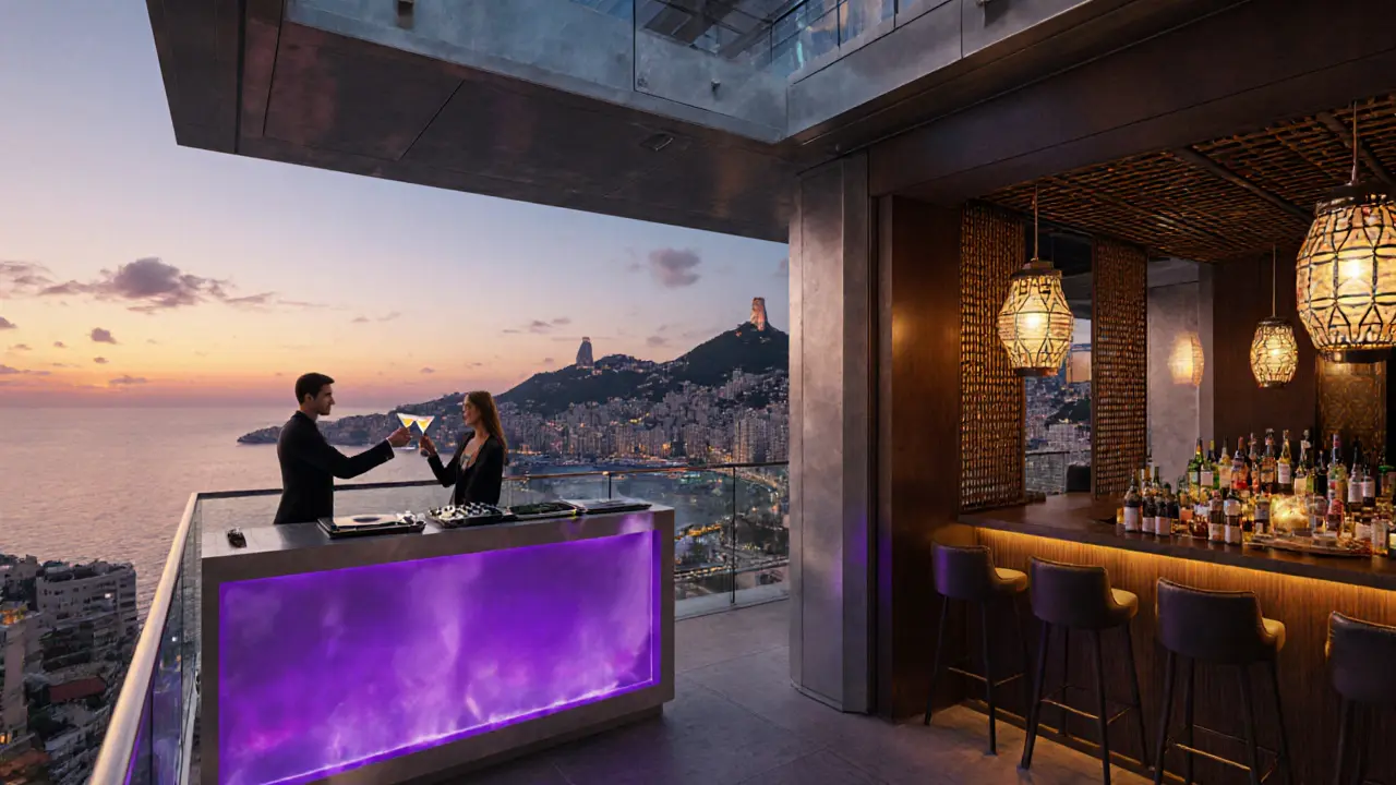 Rooftop lounge Sixty with city panorama and Buddha‑Bar interior with lanterns and cocktails.