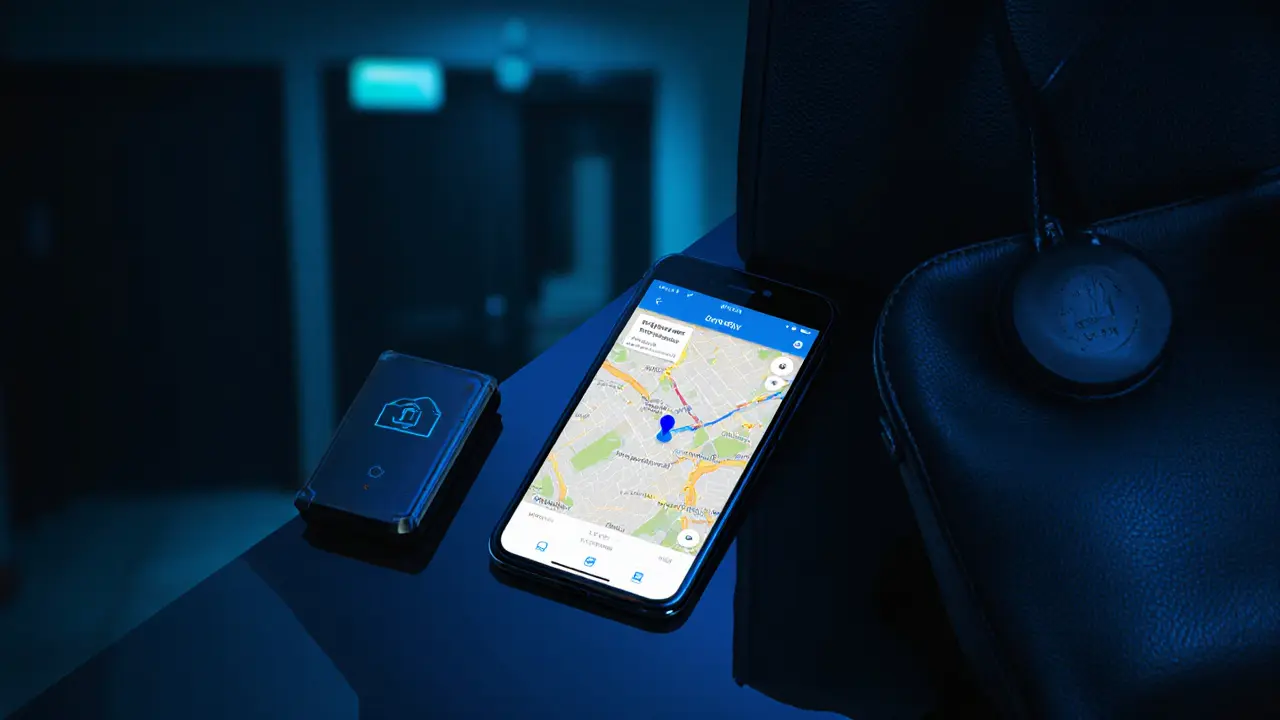 Smartphone showing live location and safety tools on a hotel hallway floor.