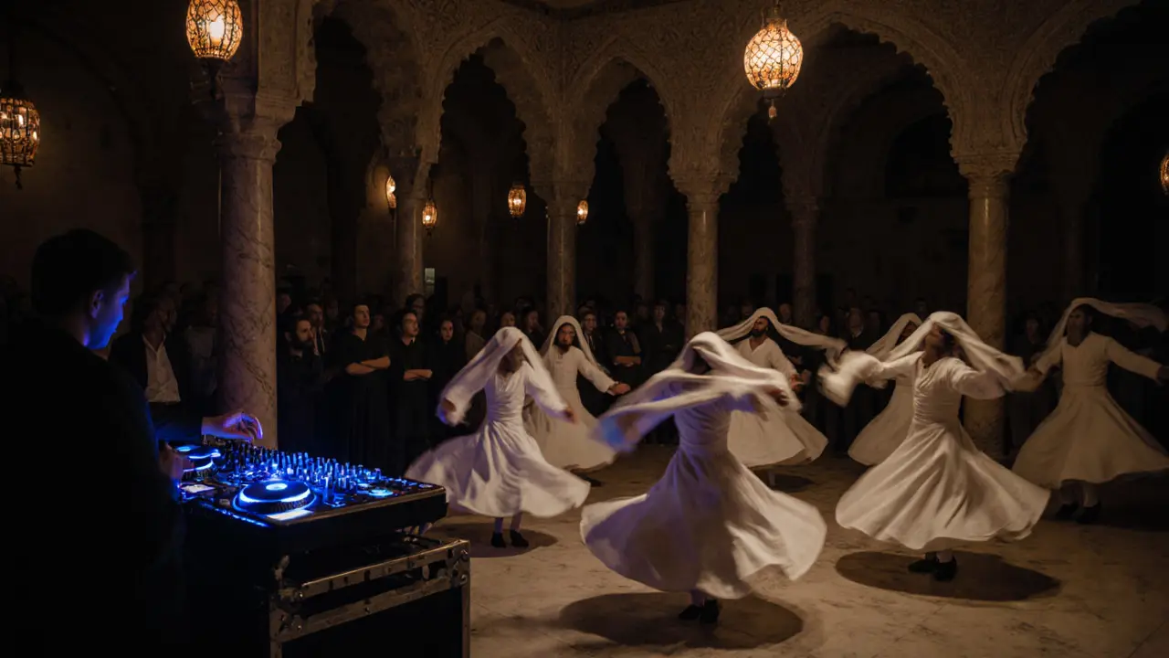 Sufi whirling dervishes performing beside a modern DJ console inside a historic cultural center.