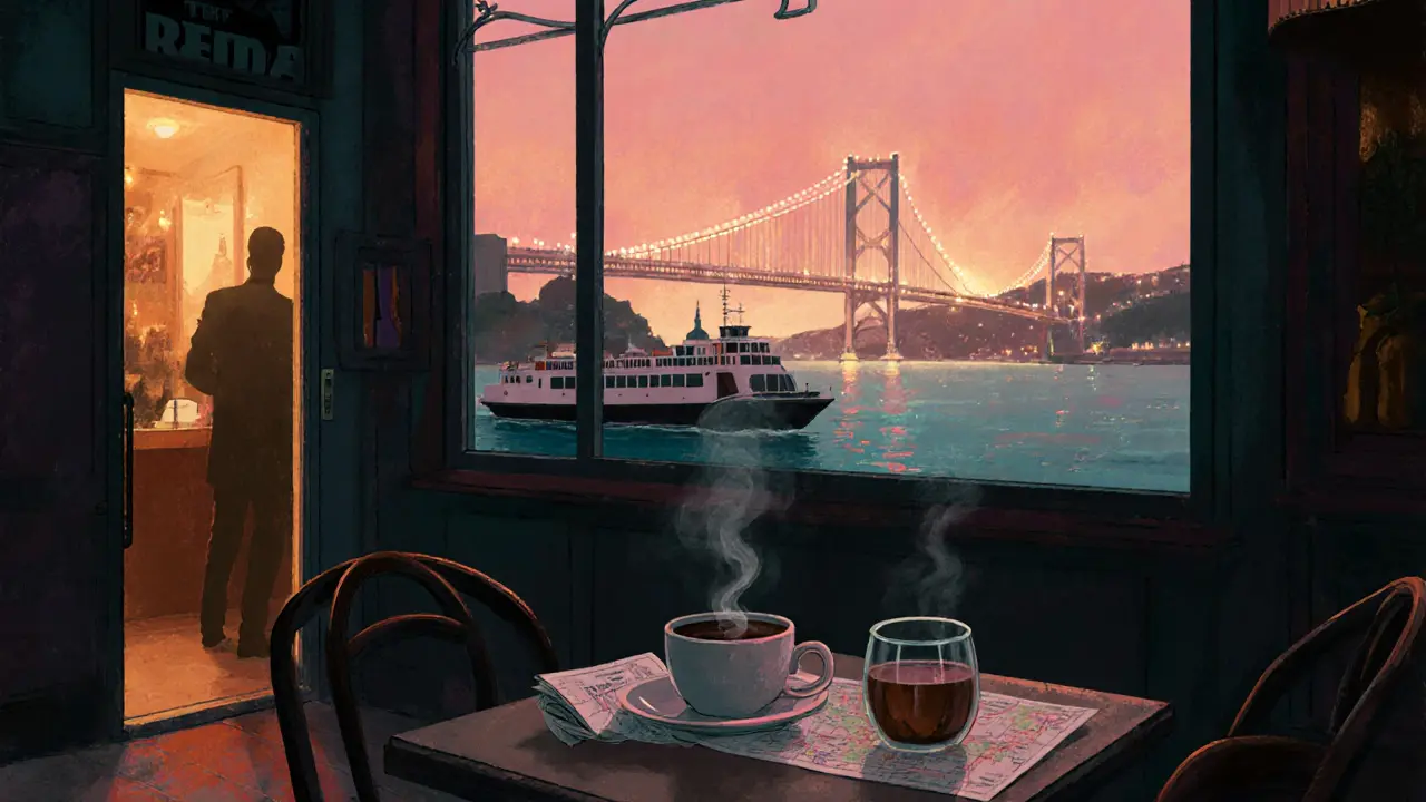 Sunrise over Ortaköy bridge with coffee, raki, and a club entrance under early light.