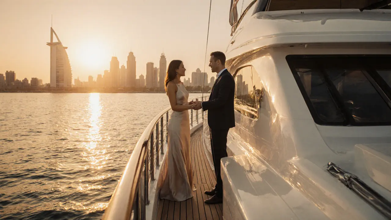 Sunset on a private yacht off Saadiyat Island with an escort greeting a client.