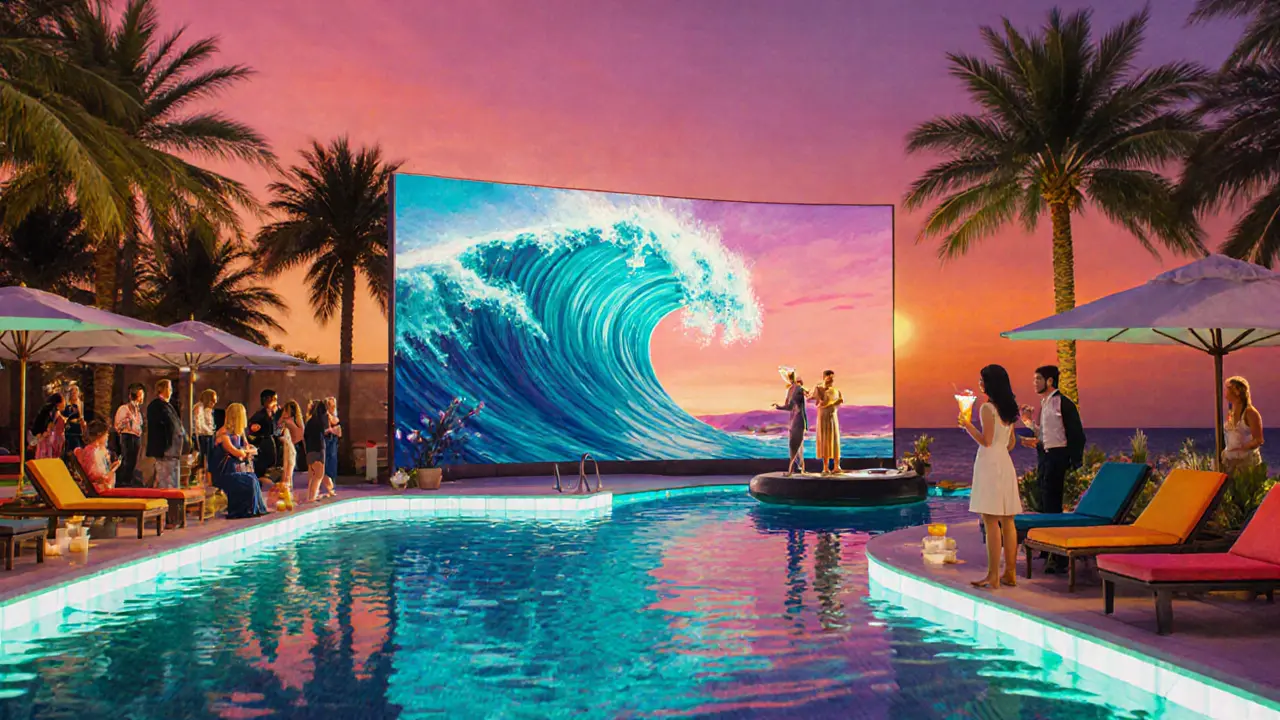 Sunset pool party at Zero Gravity with LED wave screen, lounge chairs, and colorful guests.