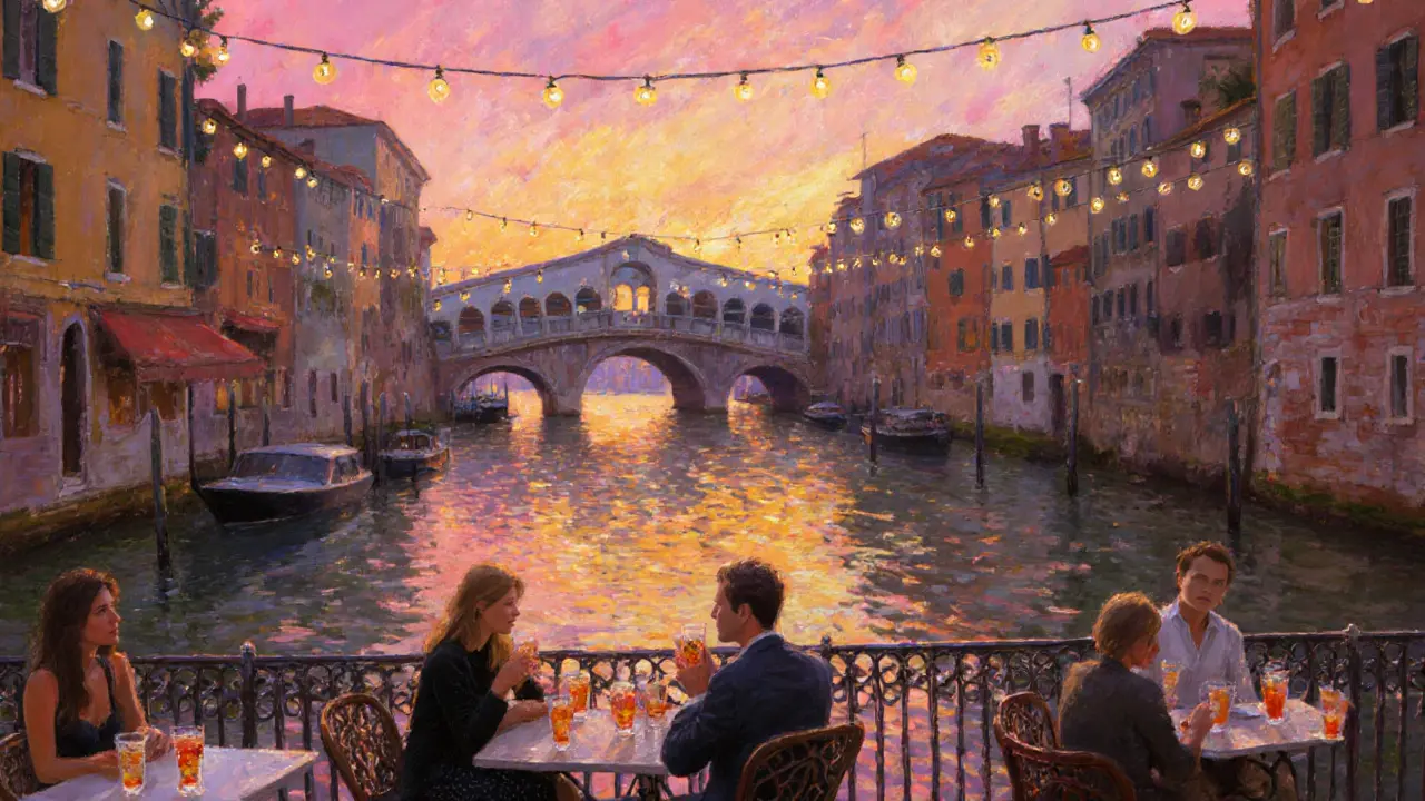 Sunset view at a canal terrace with people sipping drinks as lights reflect on water.