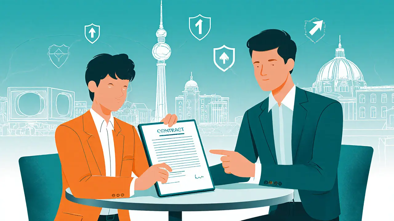 Traveler reviewing a contract with escort beside them, Berlin landmarks visible.