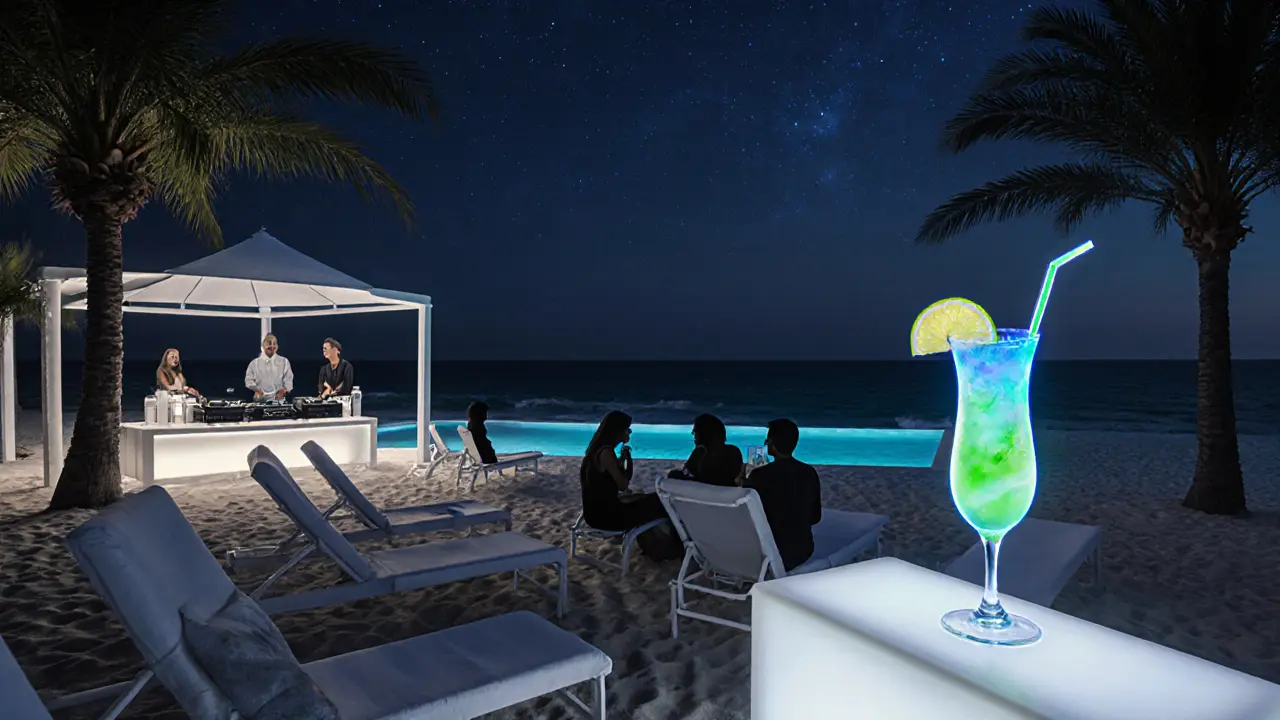 Upscale beach club at midnight with white loungers, palm trees, and glowing cocktails by the water.