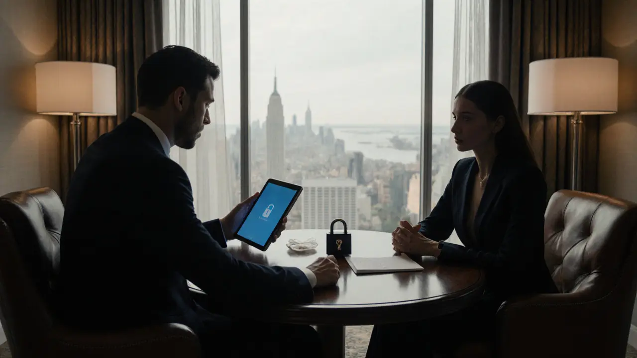Upscale hotel suite interior showing a discreet meeting between a well‑dressed escort and client.