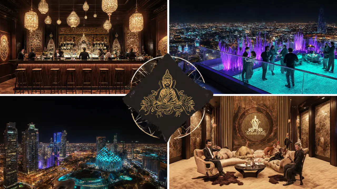 Vibrant illustration of Buddha‑Bar, The Galleria rooftop, Alchemy light show, and Oryx Desert Bar.
