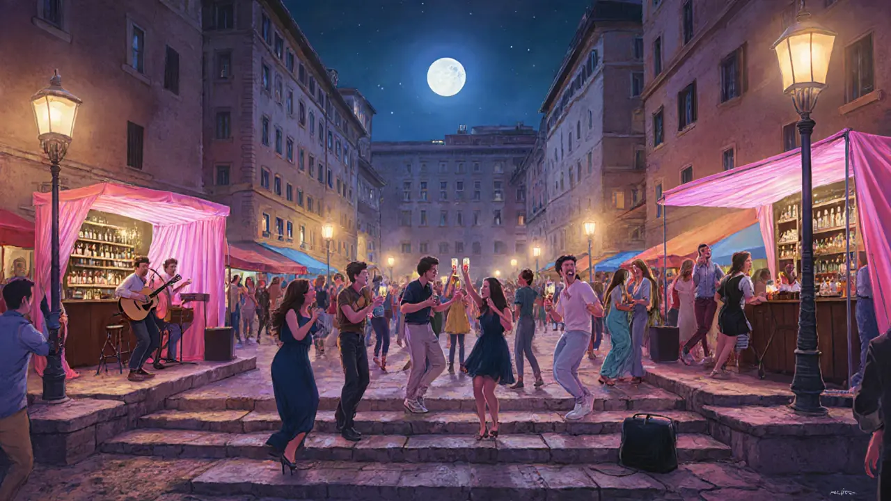 Vibrant street party in a Milan square with people dancing under glowing lamps.