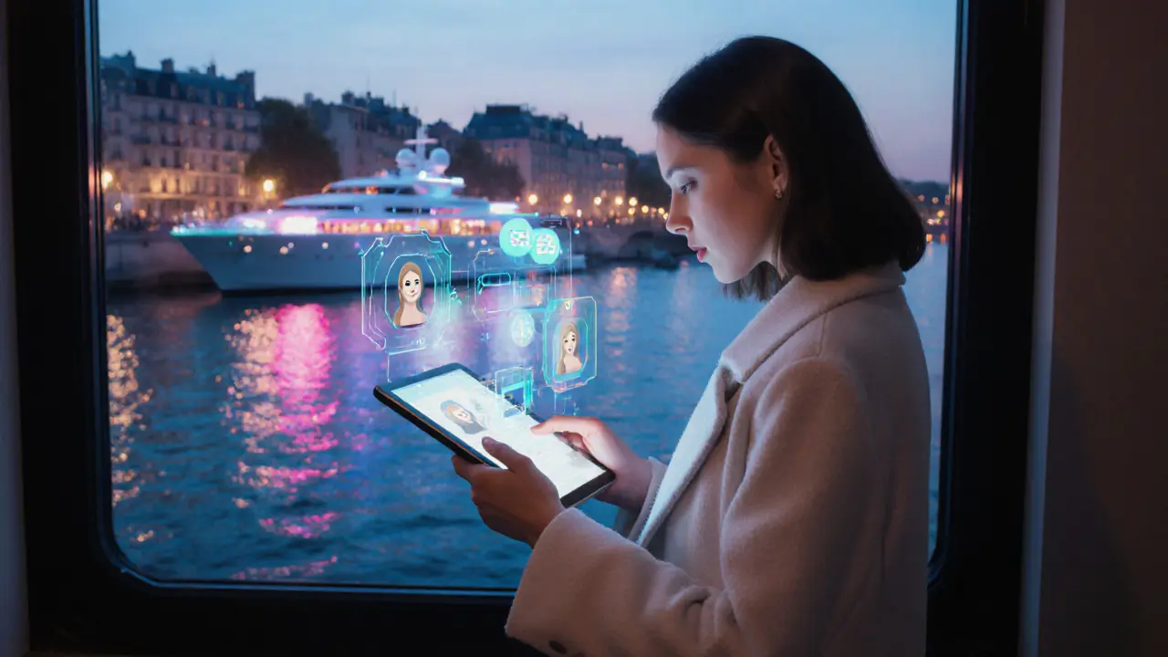 Woman holding tablet with secure matching app, yacht on Seine in background, neon twilight.