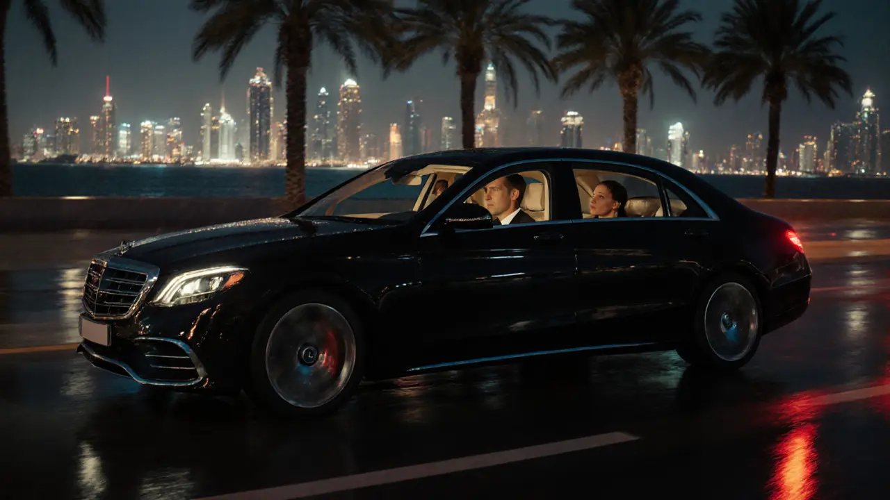 A chauffeured Mercedes glides along Palm Jumeirah at dusk with two discreetly dressed passengers inside.