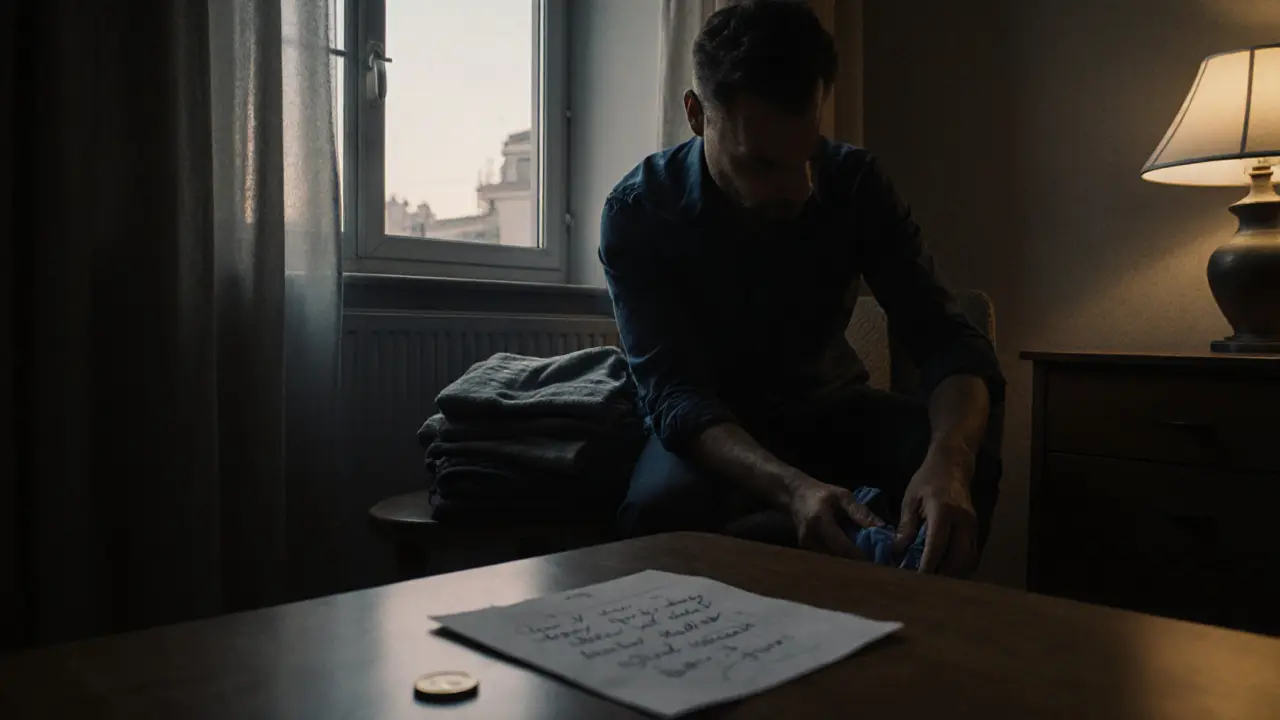 A client neatly packs up, leaving a thank-you note and coin on the table before exiting.