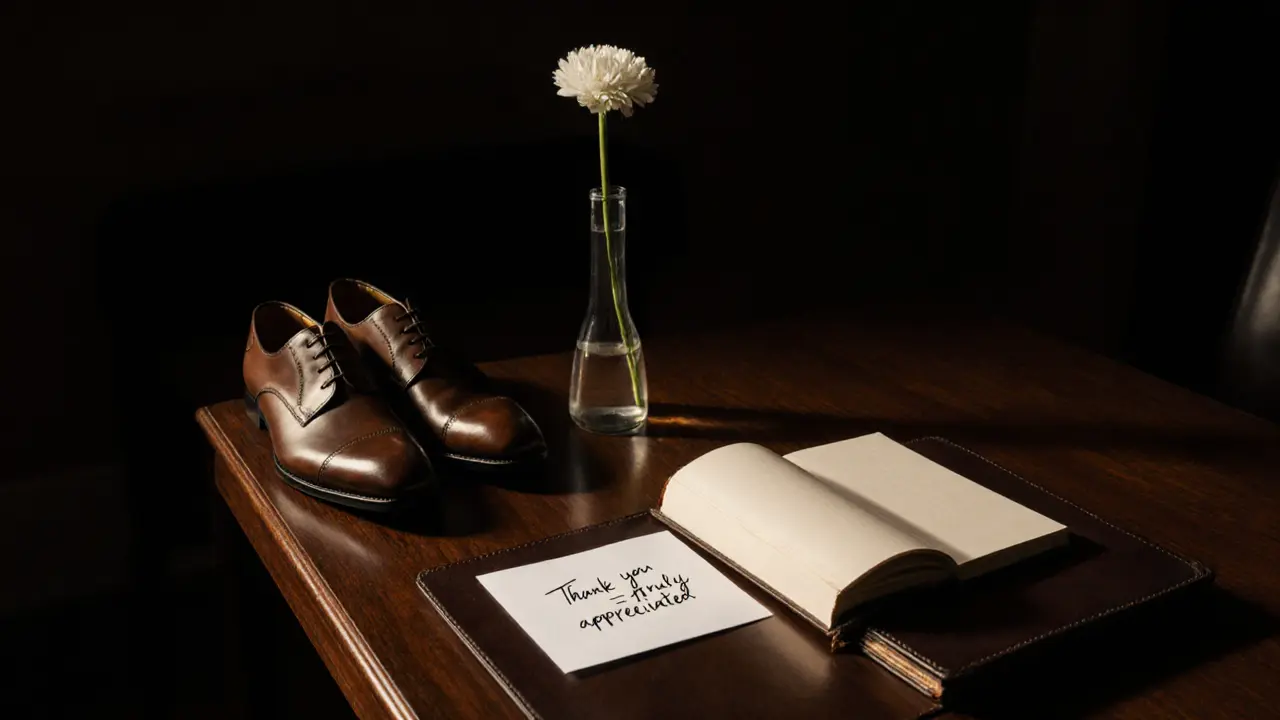 A closed notebook and a single flower on a desk signify a dignified and thoughtful parting.