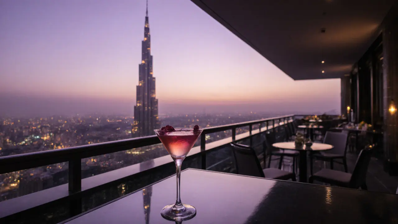 A cocktail on a balcony overlooking the Burj Khalifa at sunset, city lights reflecting on glass.