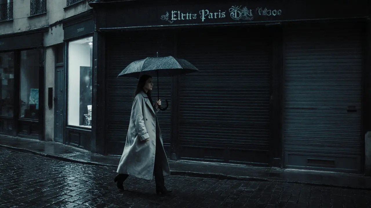 A confident woman walking alone at night in Paris under soft streetlights.
