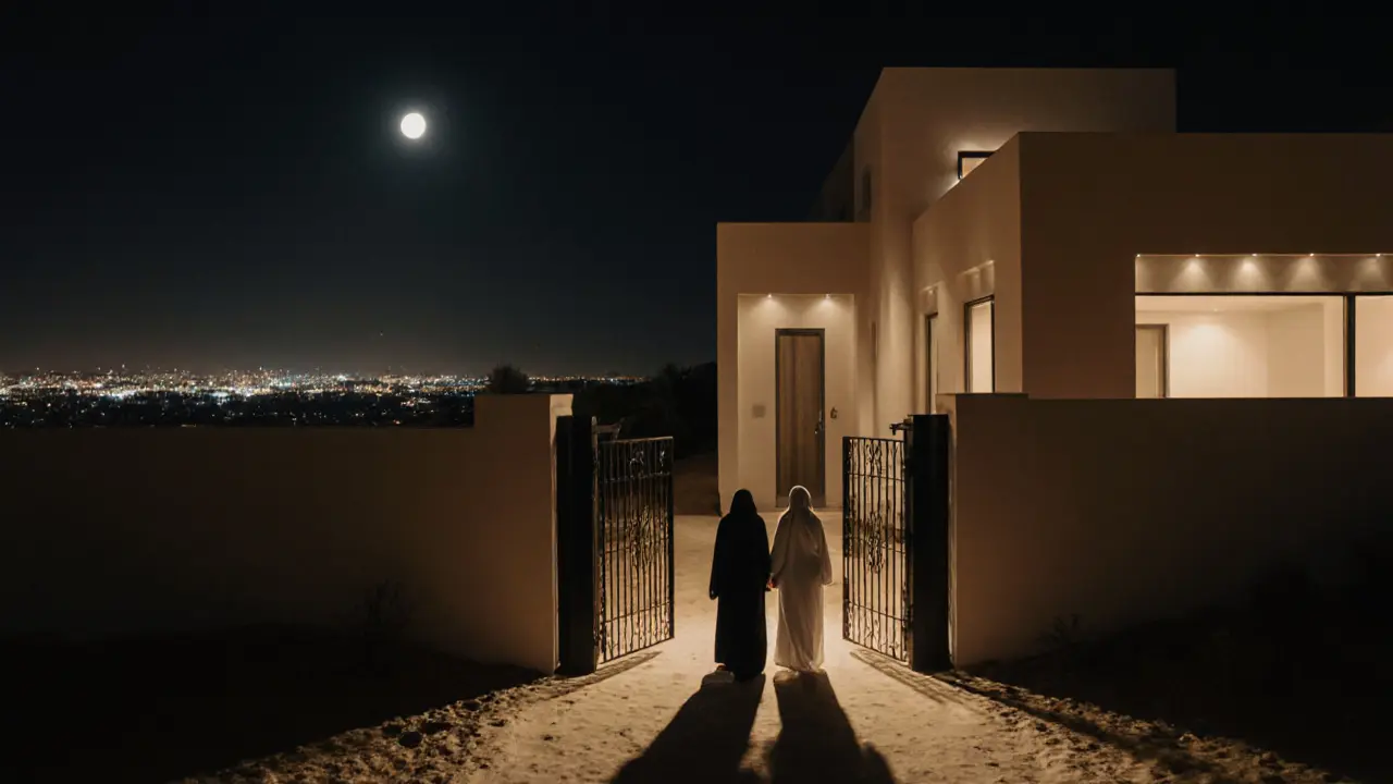 A couple exits a luxury Dubai villa at night, dressed modestly, surrounded by quiet desert architecture.