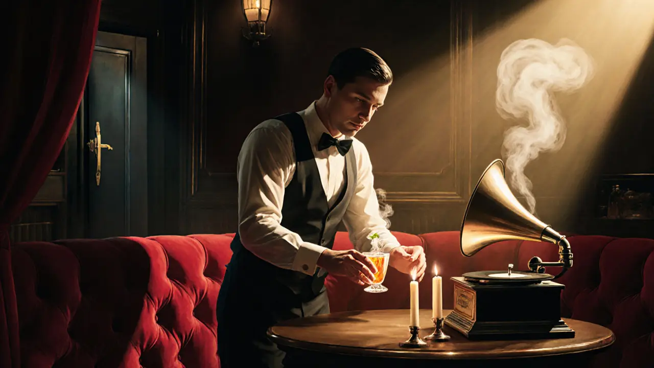 A dim speakeasy bar with velvet booths and a bartender crafting cocktails by candlelight.