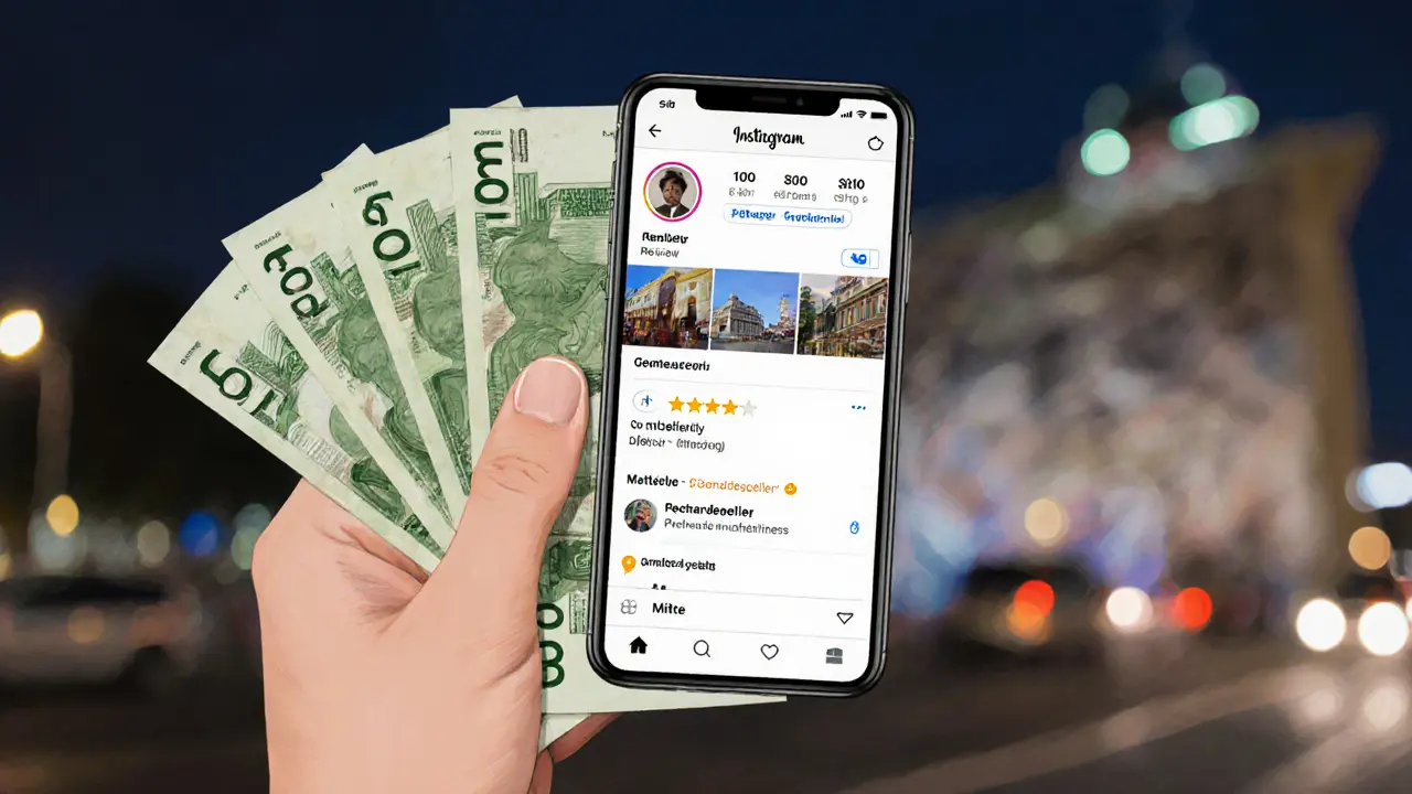 A hand holding cash beside a smartphone showing a verified escort profile with authentic photos and reviews.